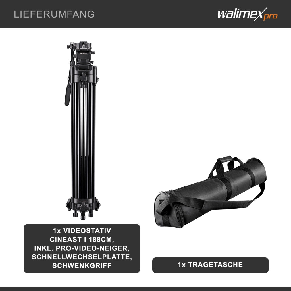 Walimex Pro treppiede video di alta qualità Cineast 188cm con borsa I 5 supporti per le gambe e divaricatore centrale per un'elevata stabilità I per videocamere e DSLR fino a 6kg