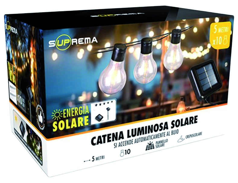Suprema CATENA LUMINOSA SOLARE, 10 led, 3W, mt. 5x10 luci, luce calda