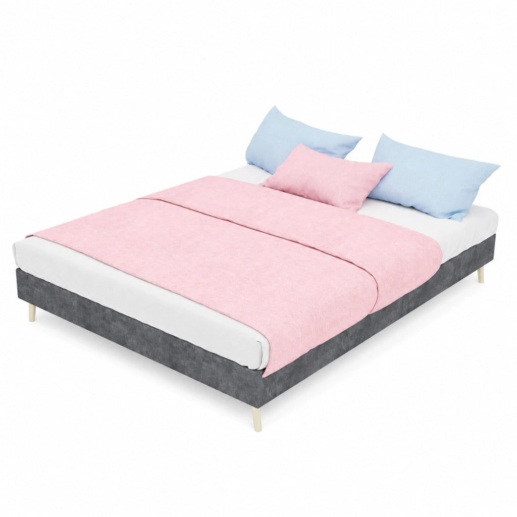Letto imbottito per cameretta 140x200 cm grigio, design cartoon, struttura stabile in tessuto e metallo