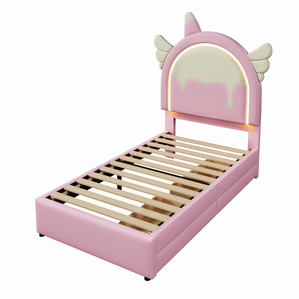 Letto singolo Unicorn 90x200cm con striscia luminosa e 2 cassetti in PU rosa
