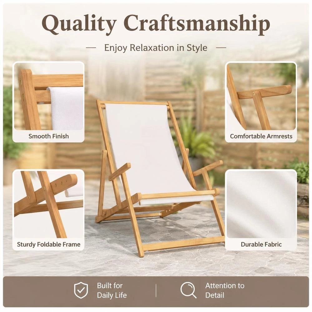 Folding Beach Chair, Solid Teak Wood, Cream