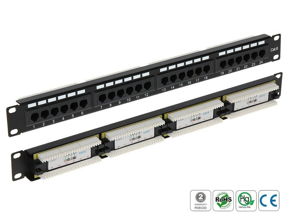 PP-24 Patch Panel 24 Porte RJ45 UTP CAT6 Rack 19" 1U Dual IDC Krone