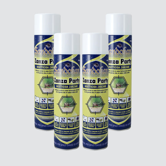 SET 4 Insetticida effetto abbattente " zanza party " con spray jet per disinfestazioni immediate