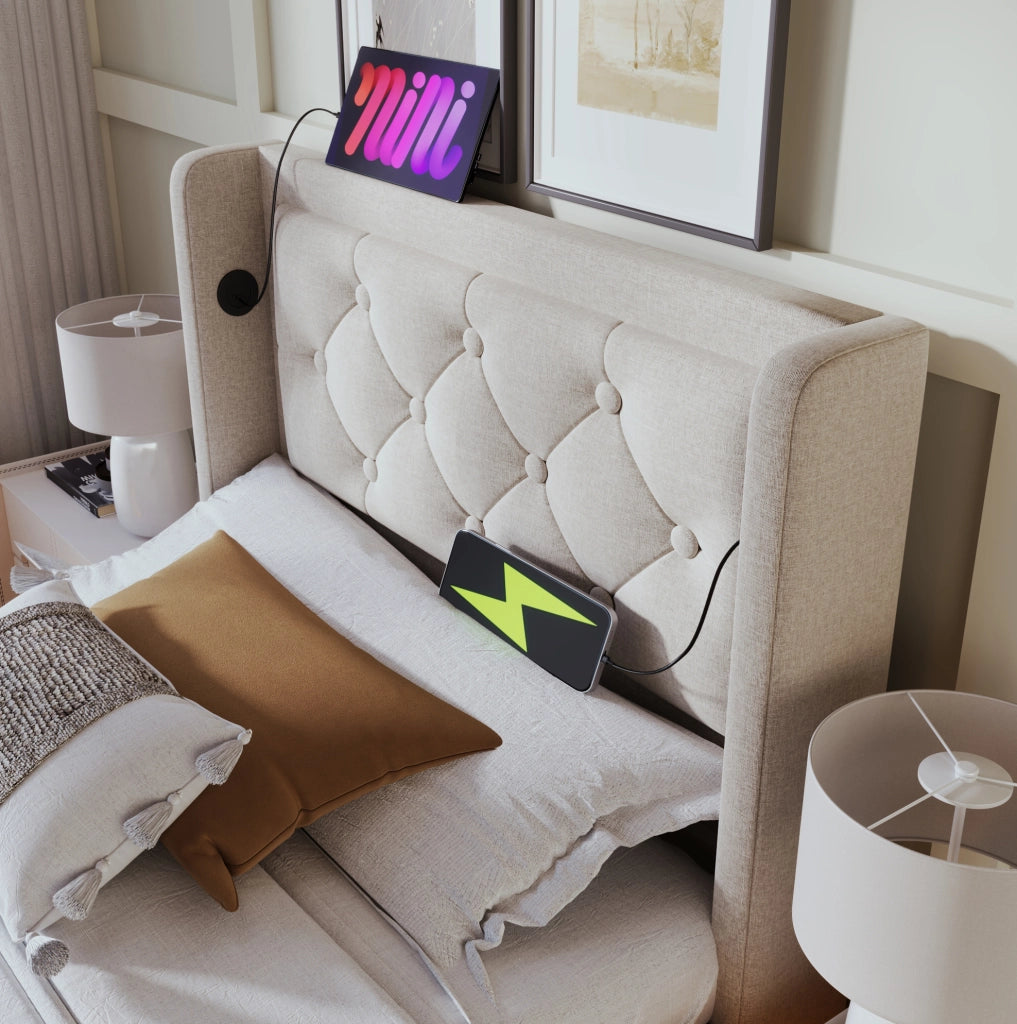 Letto singolo imbottito con contenitore, LED a 3 lati e ricarica USB/Tipo C