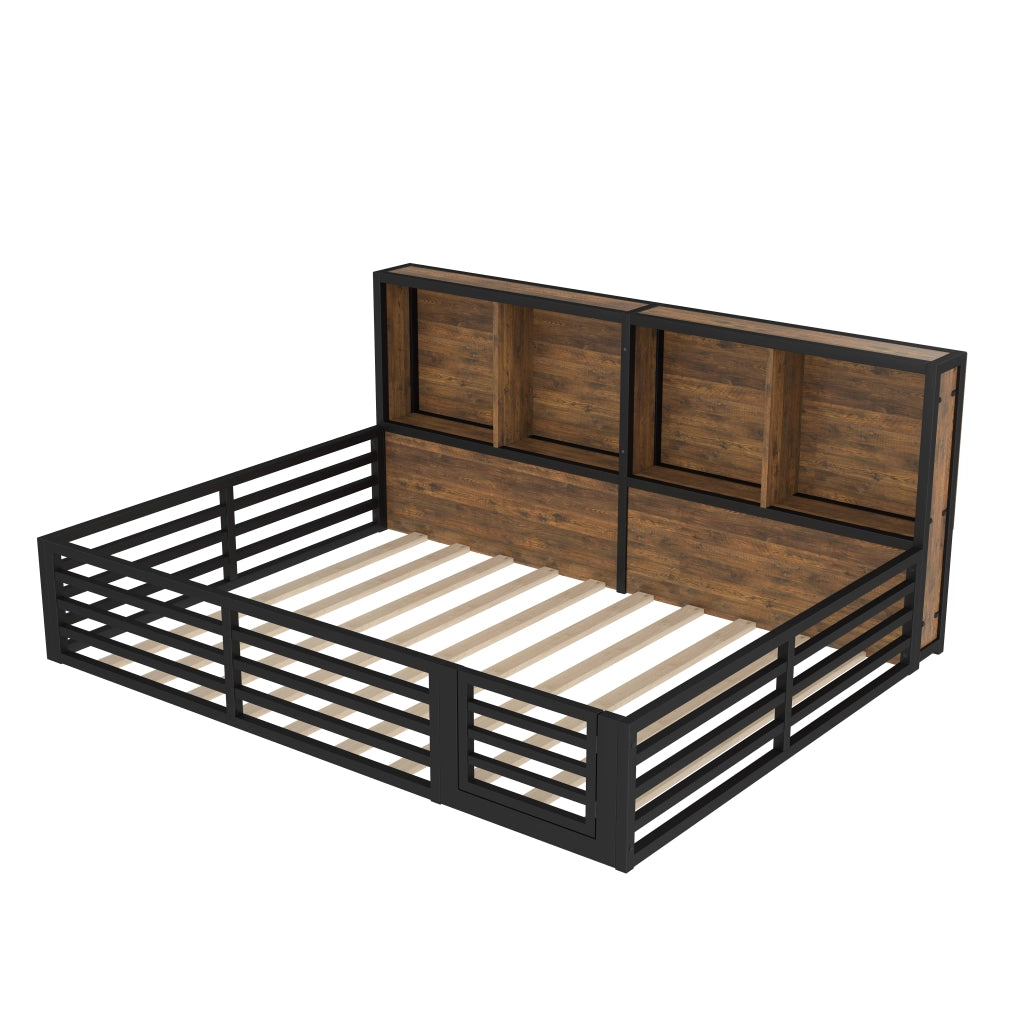 Letto per bambini 140x200 cm con rete a doghe; sponda apribile e LED; metallo e MDF nero