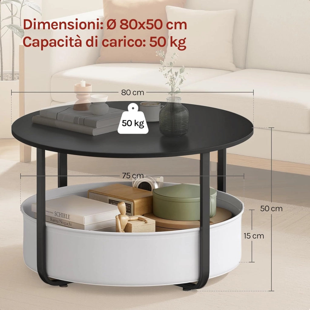 Tavolino da Salotto Rotondo Ø 80 cm con Cestino Portaoggetti in Tela e Struttura in Metallo, Tavolino da Caffè per Soggiorno, Stile Moderno, Nero+Grigio