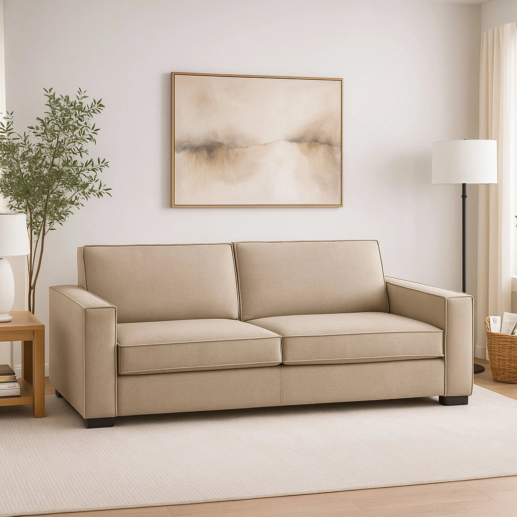 Divano fisso Arki, Divano a 2 posti, Made in Italy, SofÒ  Soggiorno in tessuto, con Braccioli standard, cm 180x95h90, Beige