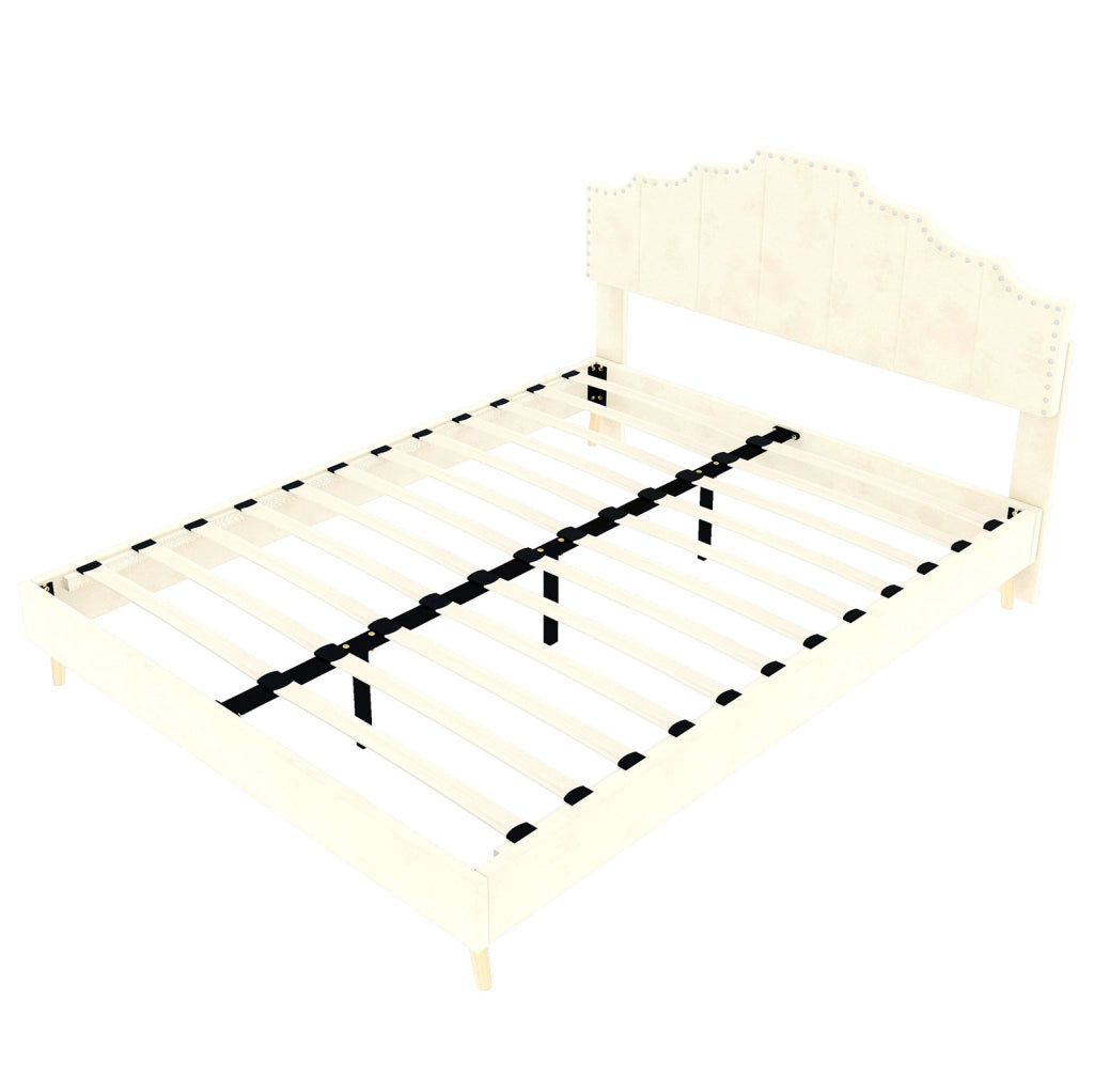Letto 160x200 cm in tessuto e metallo beige con materasso e testiera alta –