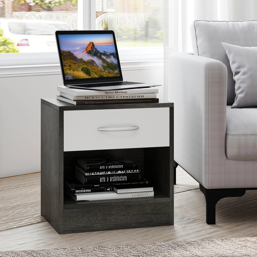 Set 2 Comodini con Cassetto e Ripiano Aperto 39x28x41 cm in Legno Bianco e Grigio Scuro