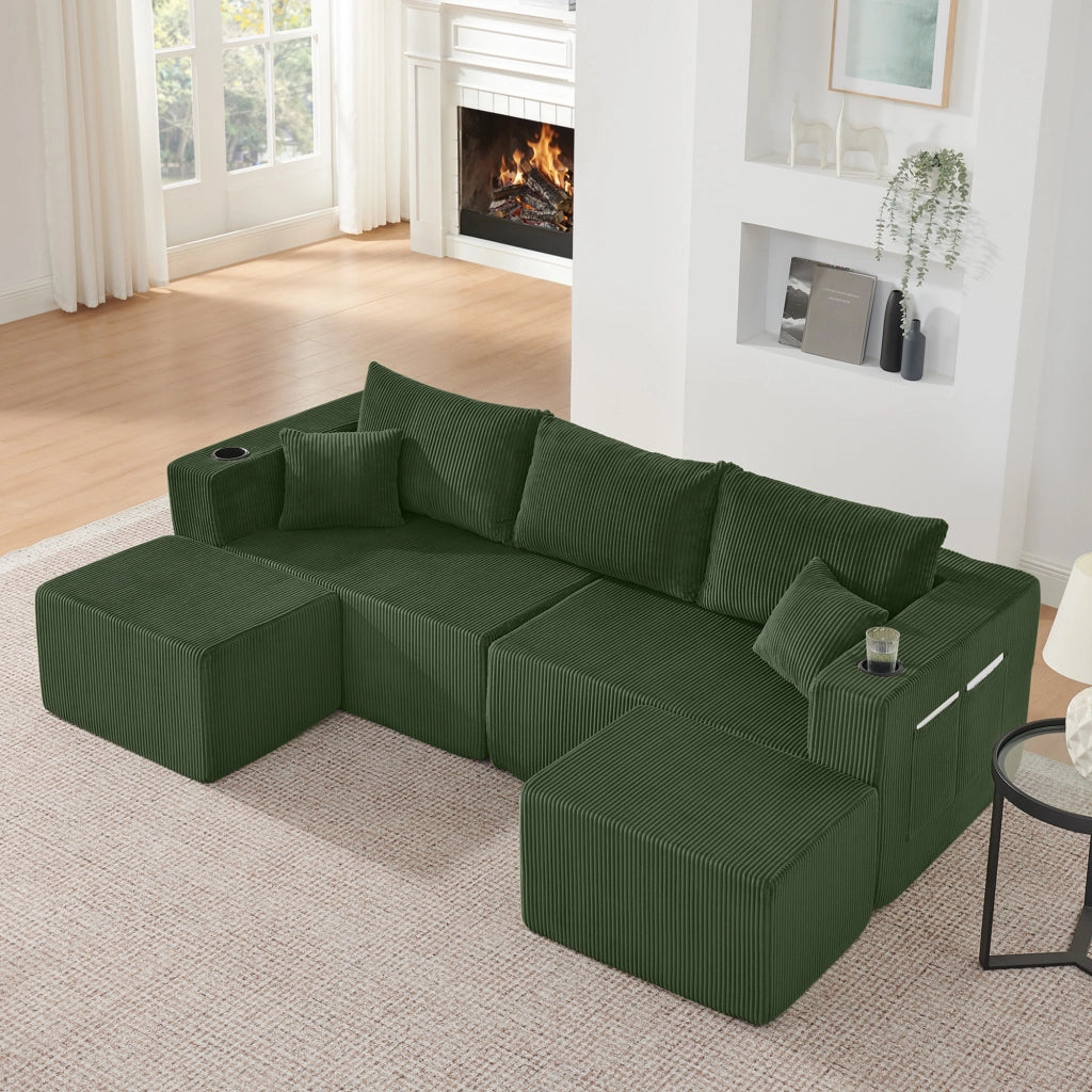 Divano angolare modulare 3 posti con pouf mobili portabicchieri tasche laterali e cuscini in velluto a coste verde