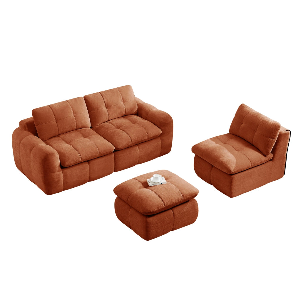 Divano modulare angolare 3 posti con pouf 264x160x68 cm in chenille arancione