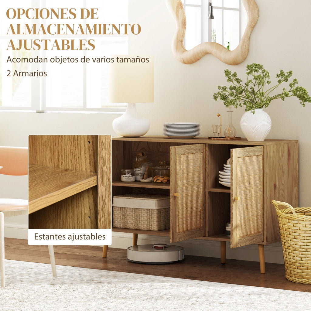Armadio per Soggiorno con Porte in Rattan e Ripiani Regolabili ¨C zephmum ¨C 120x40x75 cm Legno Naturale