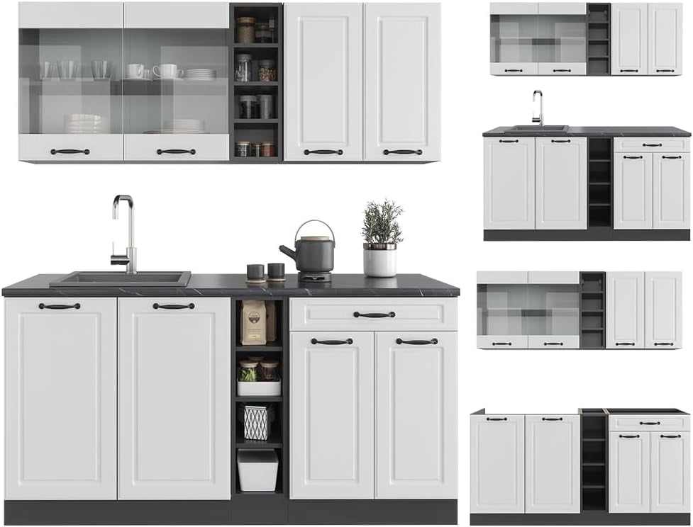 Cucina completa R-Line, Bianco casa di campagna/antracite, 160 cm, PL Antracite, adatto per l'espansione individuale con moduli aggiuntivi