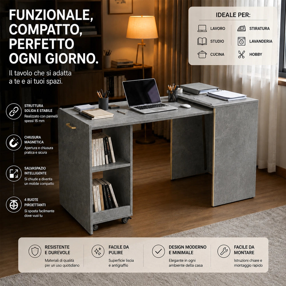 Mobile con Tavolo a Scomparsa Grigio Richiudibile Salvaspazio Scrivania Libreria