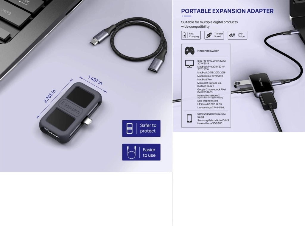 Hub USB-C 3-in-1 iNassen Adattatore HDMI 4K USB 3.0 e Ricarica PD – Compatibile con Smartphone MacBook Pro/Air iPad Pro e XPS