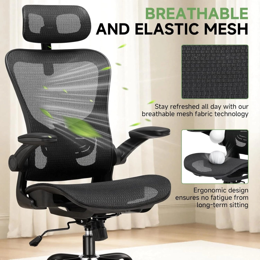 Sedia da ufficio ergonomica, da scrivania con poggiatesta regolabile, braccioli, supporto lombare, sedia da ufficio e da gioco, sedia direzionale in rete, 150 kg (nero)
