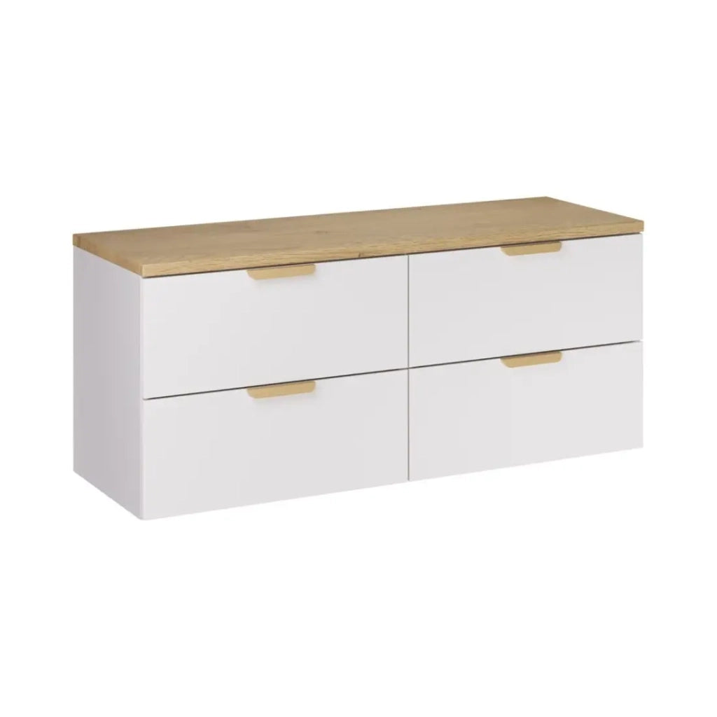 Set bagno sospeso OSTER 120cm: mobile sottolavabo con cassetti bianco + piano per lavabo effetto rovere chiaro
