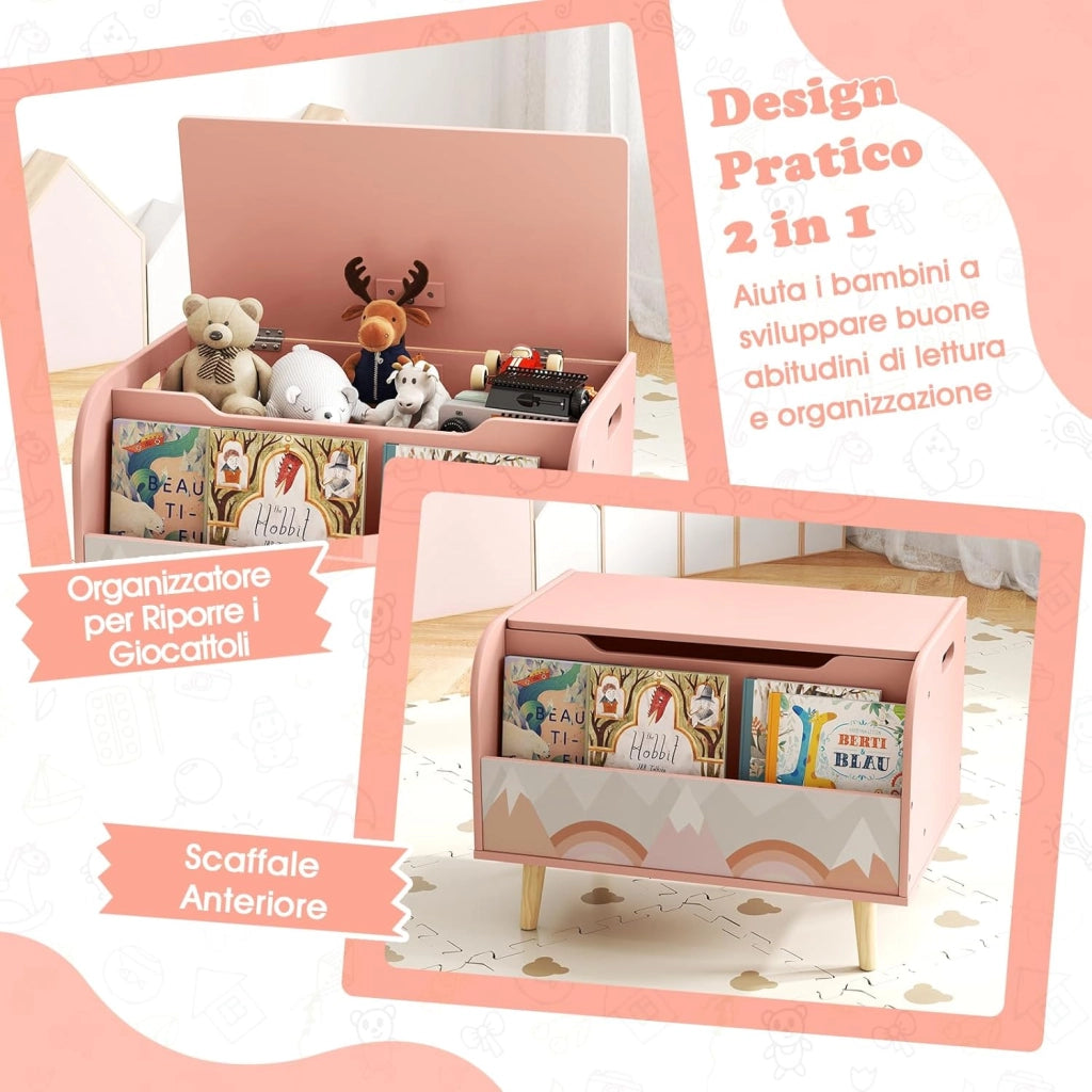 Cassapanca Portaoggetti per Bambini, con Libreria, Organizer per Giocattoli con 4 Gambe in Legno Massello e Coperchio Ribaltabile, per Sala Giochi e Asilo, 60x40x43 cm (Rosa)