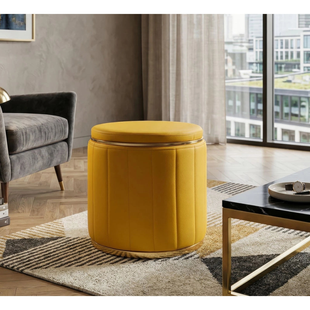 Pouf contenitore London in ecopelle senape e base in metallo oro