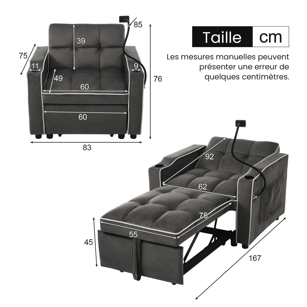 OKWISH Poltrona Letto 3 in 1, Schienale Regolabile con Portabicchieri, Supporto per Telefono e Tasca Laterale, Velluto Grigio Scuro