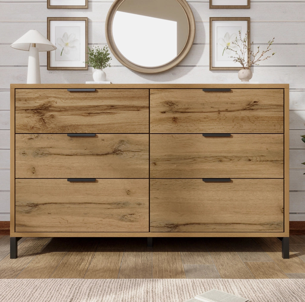 Comò con 6 cassetti 120x40x76 cm in truciolare e metallo; Rovere scuro