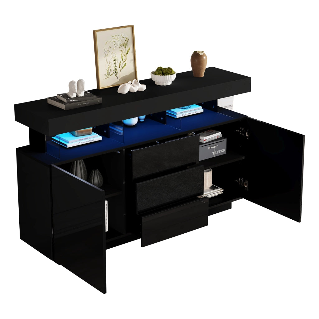 Madia con 3 cassetti; 2 ante e LED - per soggiorno - 140 x 35 x 80 cm - nera
