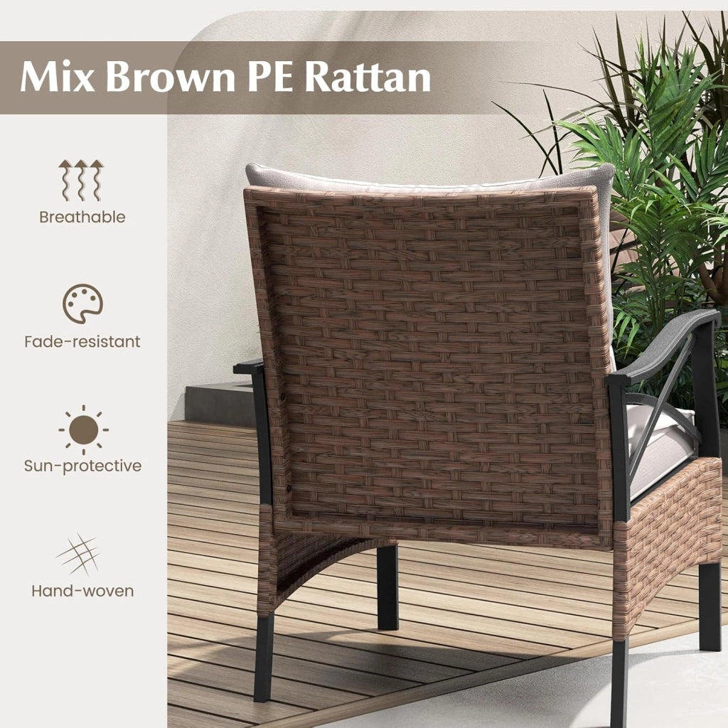 Set di mobili da giardino in rattan, per balconi, balconi, terrazze, 2 poltrone con sgabello, con cuscino, set di mobili da balcone per 2 persone (Marrone)