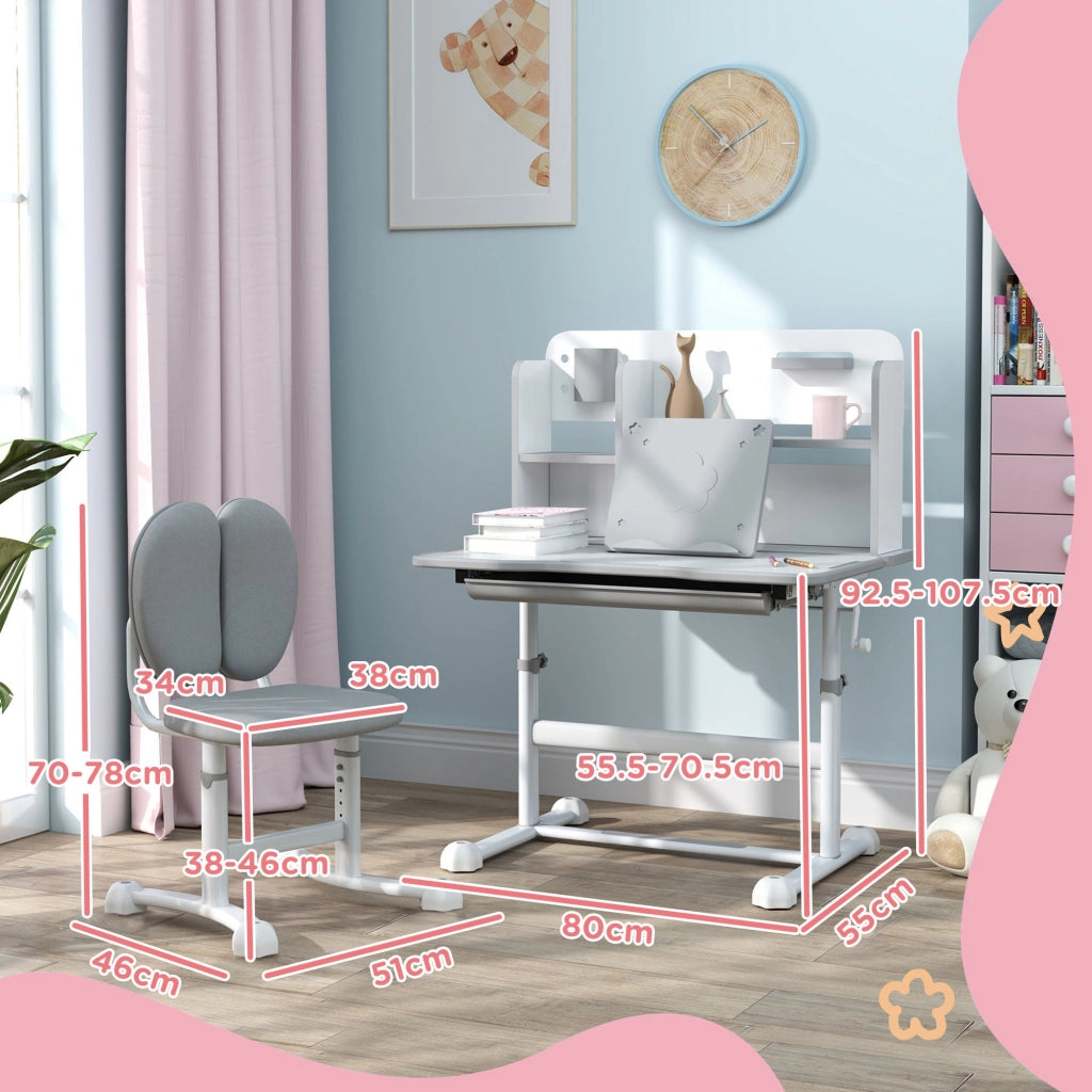 Scrivania Bambini Regolabile con Piano Inclinabile, Cassetto e Scaffale ¨C Zephmum ¨C Grigio