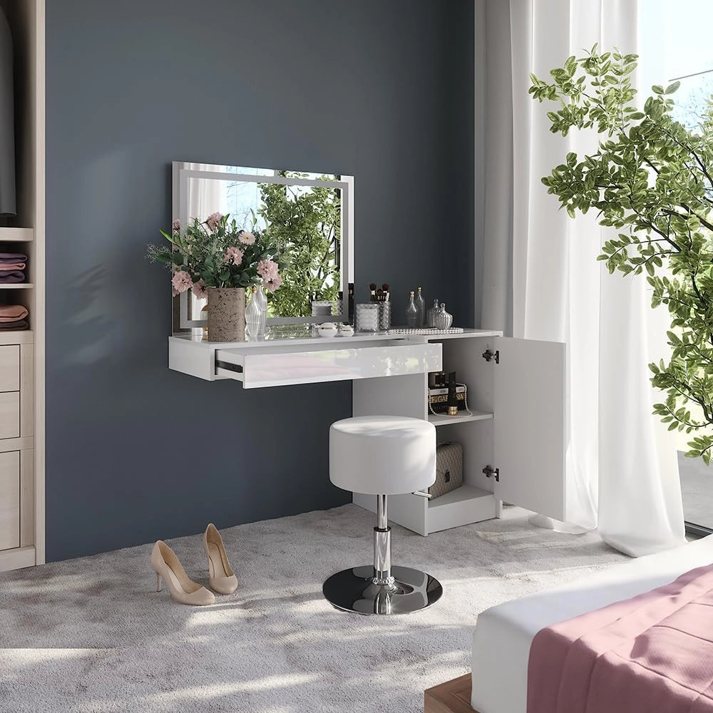 Tavolo da toeletta Sherry, Bianco/bianco lucido, 120 cm 4 parti, con illuminazione LED e specchio integrato