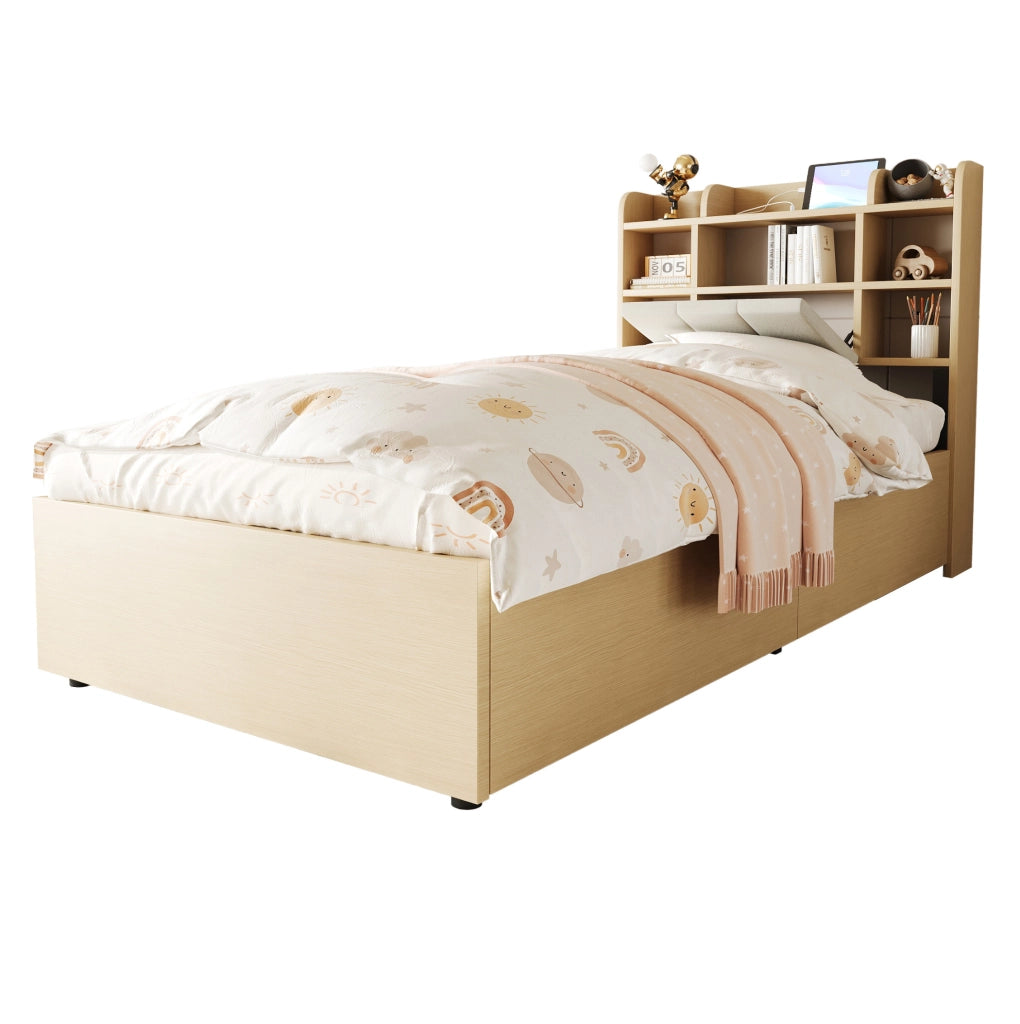 Letto singolo 90x200 cm con contenitore idraulico, testiera con ripiani e prese USB/Type-C