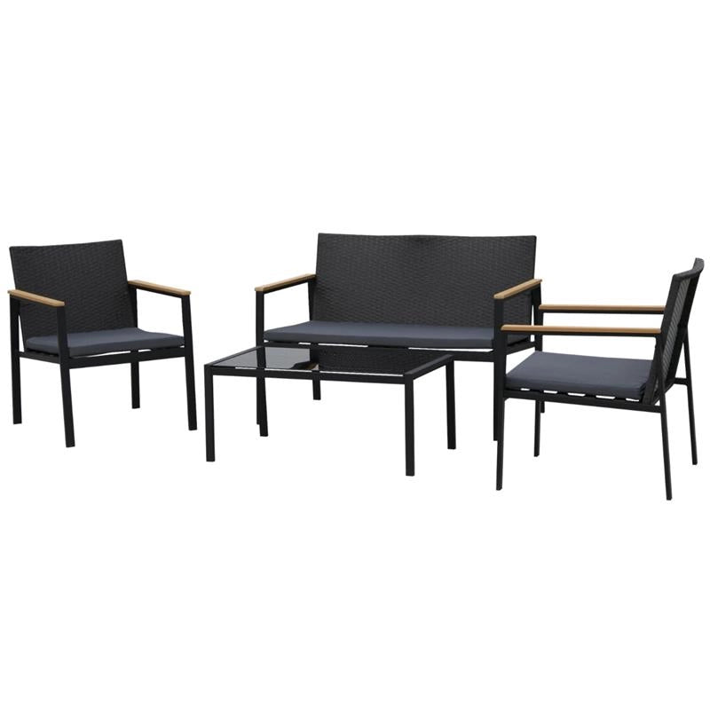 SET 4 PEZZI SALOTTINO DA GIARDINO IN PE RATTAN CON BRACCIOLI IN LEGNO NERO