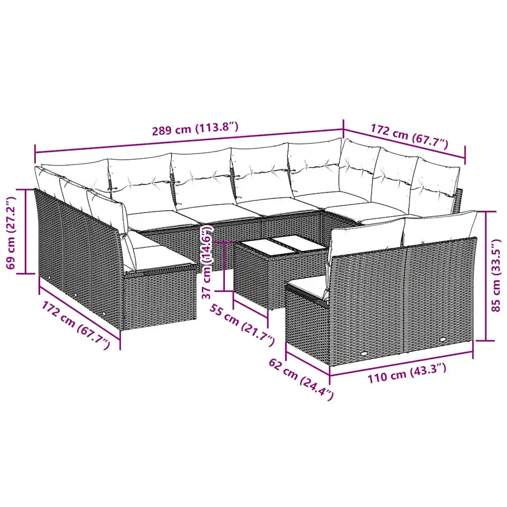 Set Divano Giardino 12 pz con Cuscini Grigio Chiaro Polyrattan