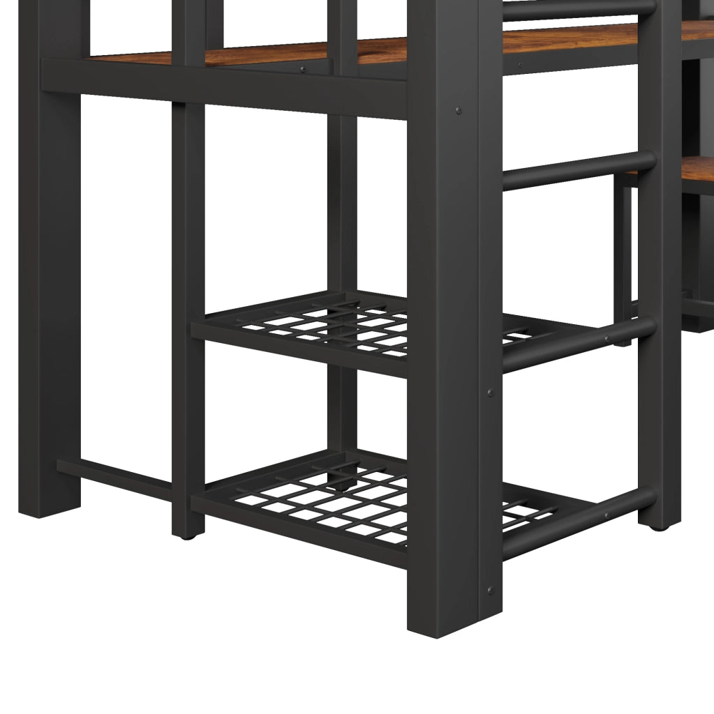 Letto a soppalco 90x200 cm in metallo con scrivania, LED e scaffali