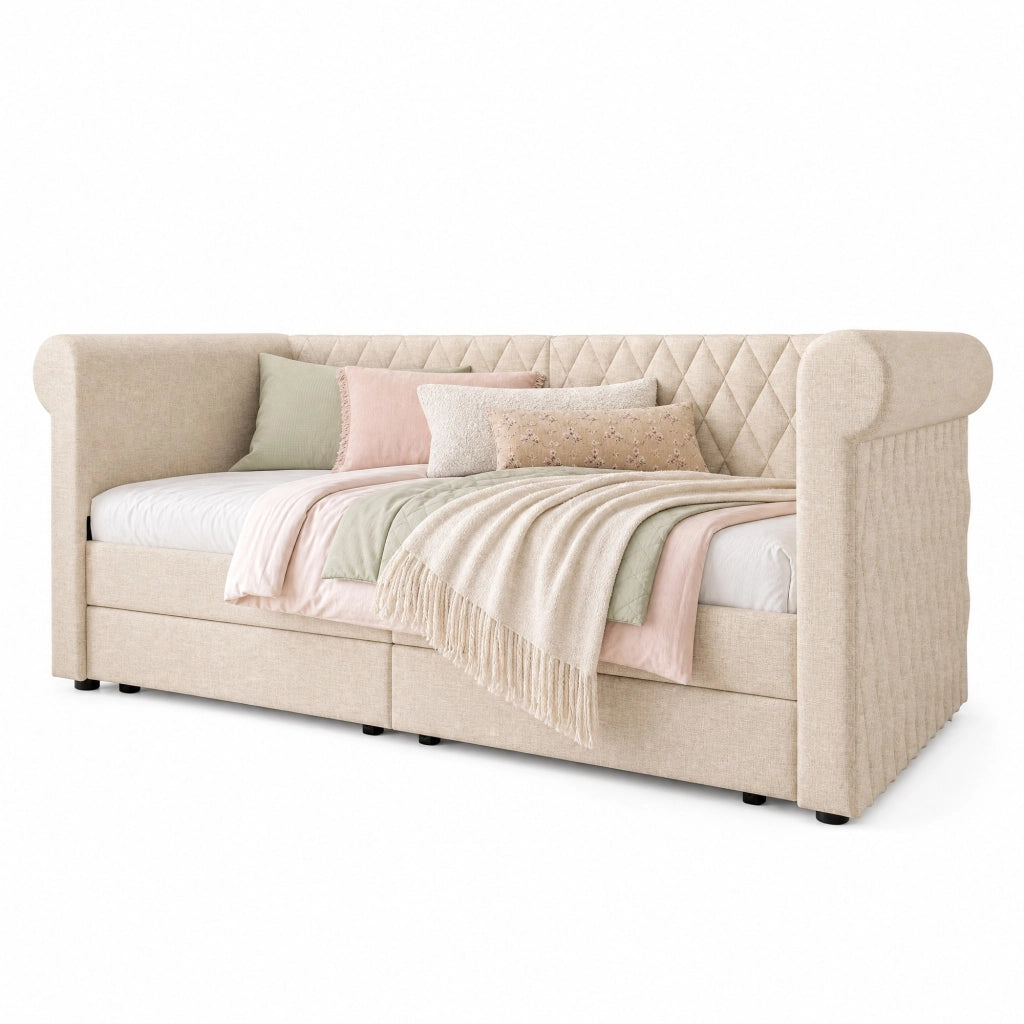 Letto singolo daybed 90x200 cm in lino beige con 2 cassetti e testiera vintage
