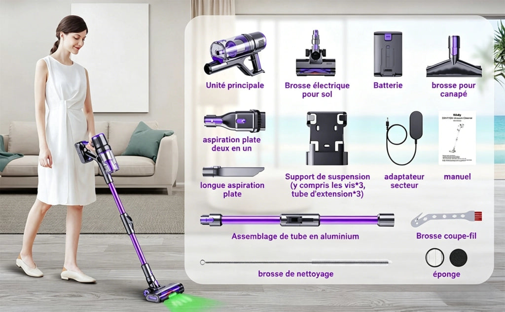 Aspirapolvere a bastone senza fili - DSV112A - 550W - 55Kpa - 60 Min di autonomia - Per peli animali Purple