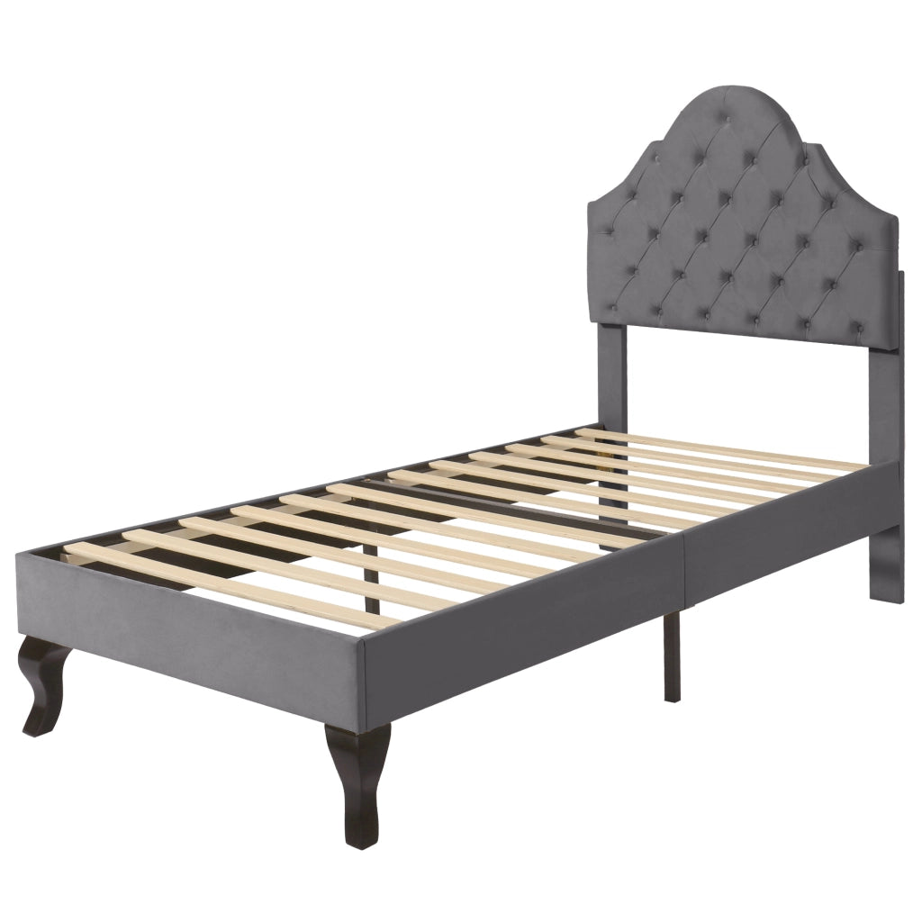 Letto imbottito 90x200 cm in velluto grigio con rete a doghe e testiera regolabile in altezza