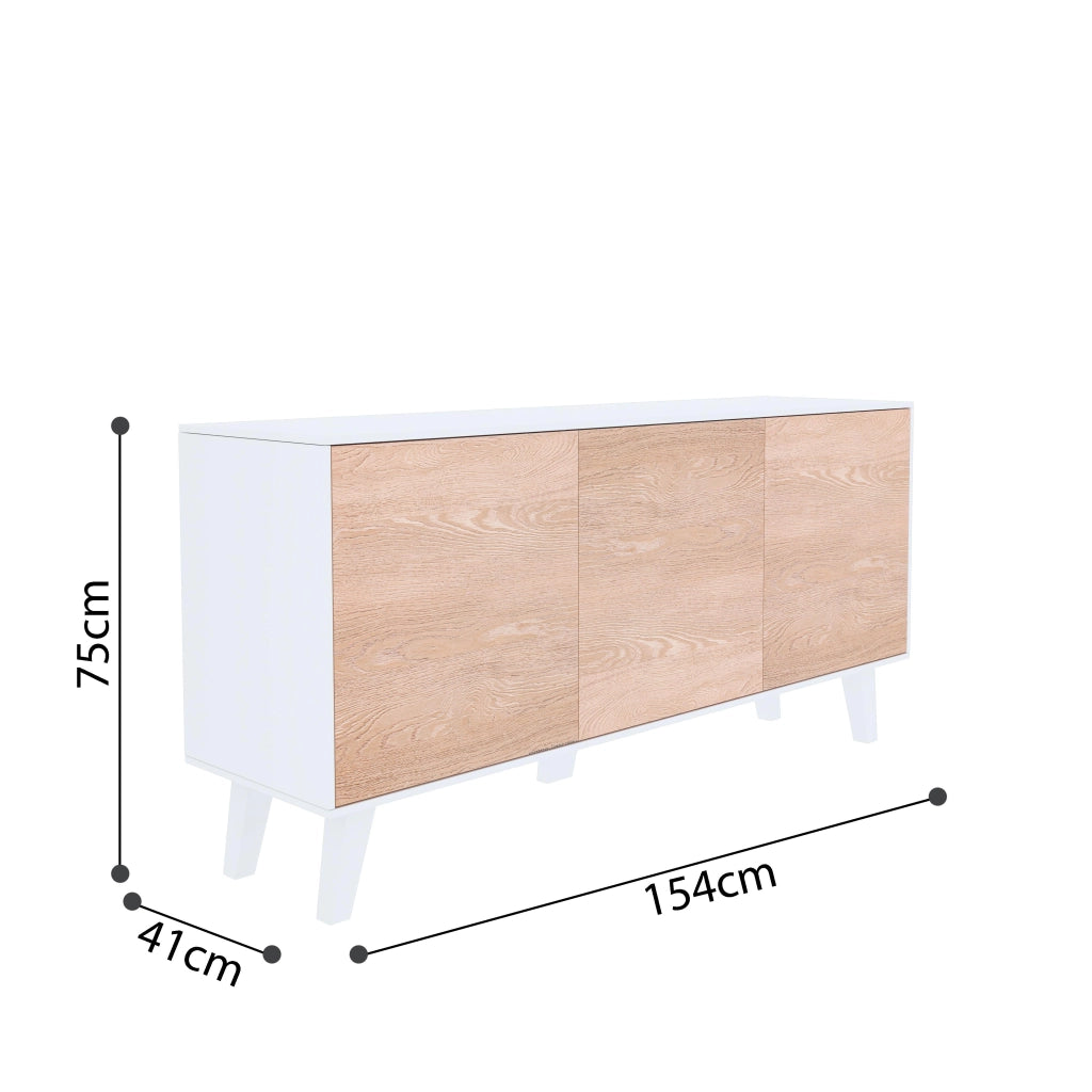 Credenza Mobile Mobiletto Soggiorno Salotto Ingresso Sala da Pranzo 3 Ante 154 x 41 x 75 cm Colore Bianco Lucido Rovere Chiaro