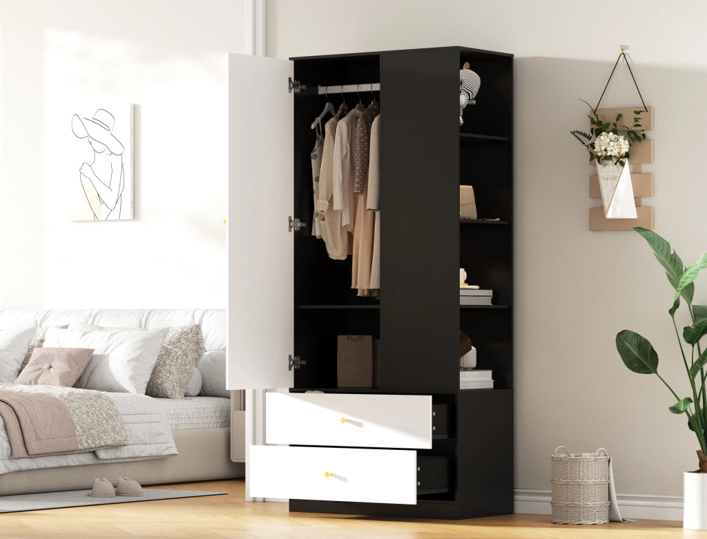 Armadio bianco e nero con specchio, 1 anta, 2 cassetti e 4 ripiani, 80x40x180 cm