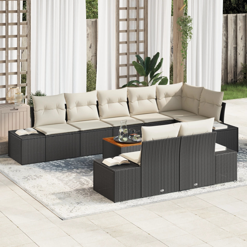 Set di divani da giardino da 9 pezzi con cuscini neri in polirattan e acacia