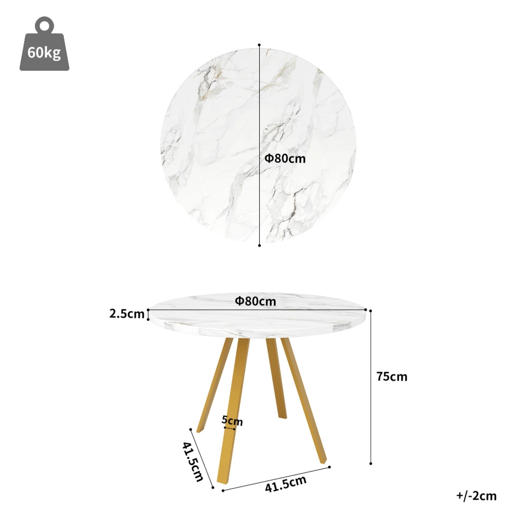Tavolo da pranzo 80x80x75 cm; struttura robusta; MDF e metallo; bianco e oro