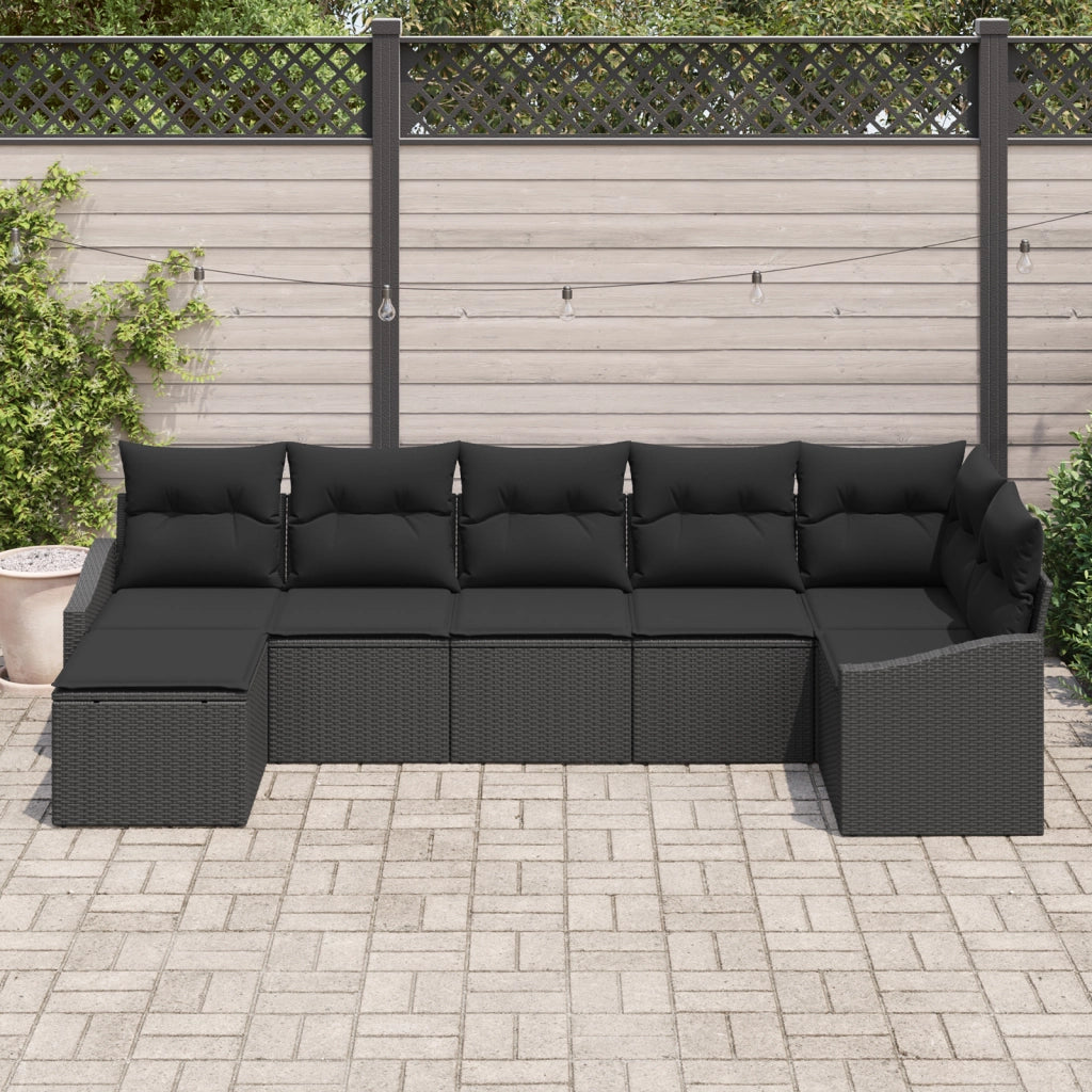 Set Divano da Giardino 7 Pezzi con Cuscini Nero Polyrattan