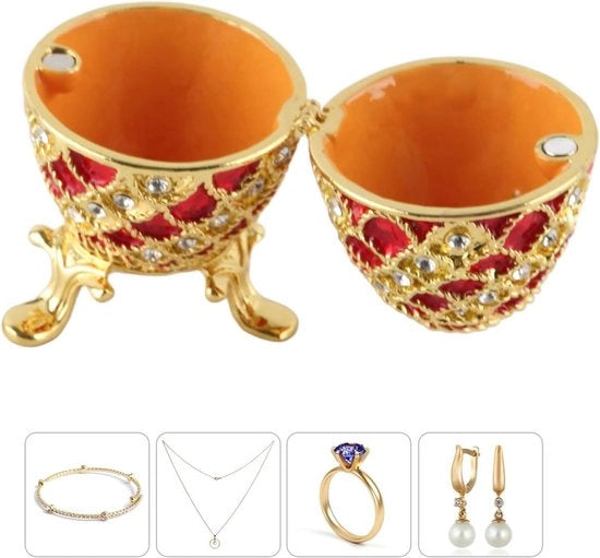 Cassa per Gioielli con Disegno di Uovo Fabergé - Pietre Scintillanti - Scatola da Oreficeria con Gancio - Decorata a Mano - Smaltata - Orecchino a Forma di Uovo per Decorazione Interna