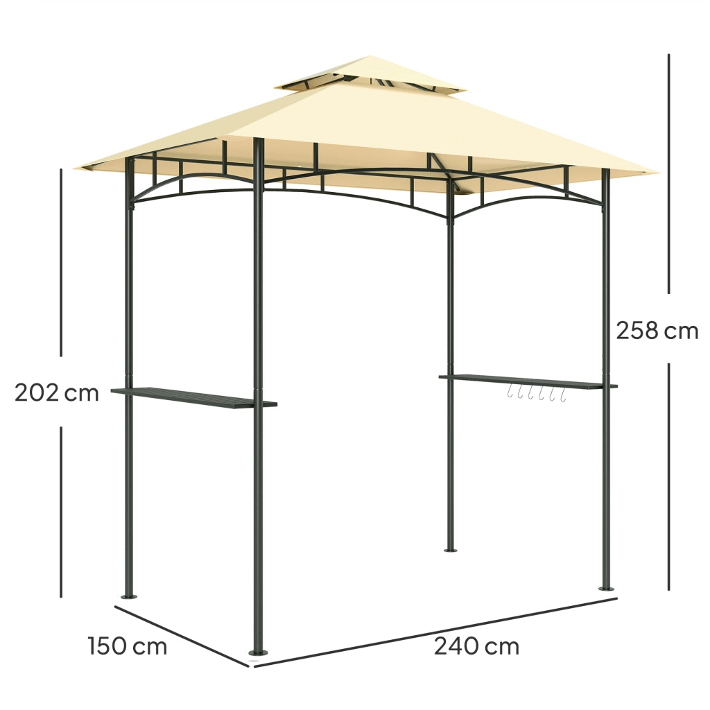 Gazebo BBQ con gazebo da giardino ignifugo a LED 240 x 150 x 258 cm repellente per l'acqua con tetto a doppio strato mensole laterali pergoletti da giardino con protezione UV gazebo barbecue per barbecue da festa beige