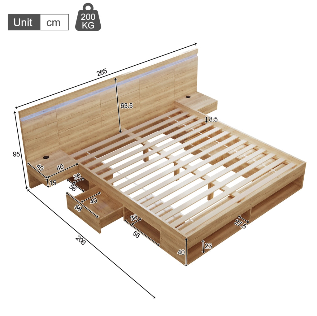 Letto matrimoniale con contenitore, illuminazione LED e prese USB integrate