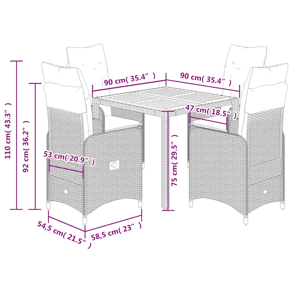 Set BistrÃ² da Giardino 5 pz con Cuscini in Polyrattan Nero