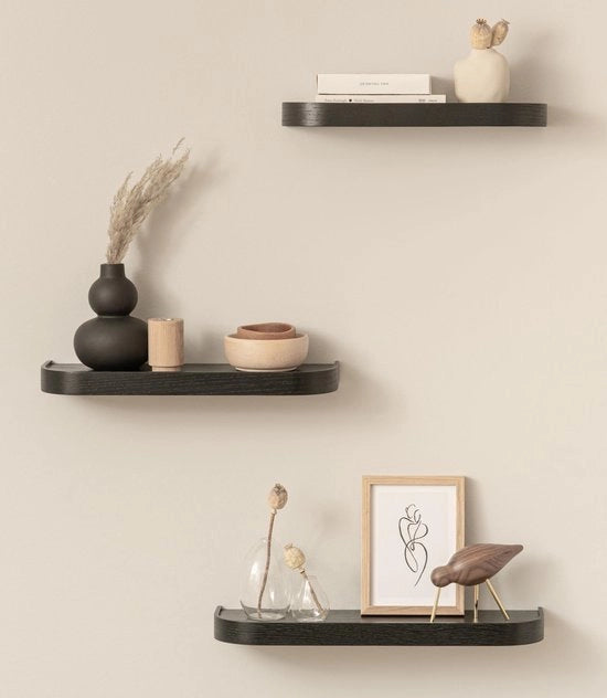 Set di pannelli da parete 'Toke' | 3 pannelli appesi in finitura in legno reale | Pannello di legno galleggiante come decorazione per parete e spazio di stoccaggio per bagno, soggiorno, cucina, camera da letto e altro | Rovere, Nero
