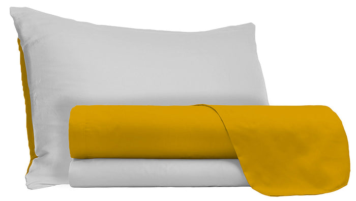 Set Lenzuola Singolo Sopra Sotto e Federe Doubleface Senape/Grigio Chiaro