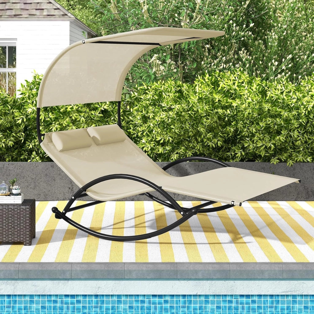Lettino Prendisole a 2 Posti, Fino a 300 kg, con Tettuccio e Poggiatesta, Sdraio a Dondolo in Tessuto Textilene e Struttura Metallica, per Giardino, Patio, Terrazza, Piscina (Beige)