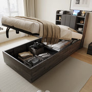 OKWISH Letto contenitore 90×200 cm, Letto Singolo con Contenitore idraulico, USB, Tipo C e Vani, senza Materasso, MDF, Grigio