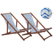 Set di 2 Sedie a Sdraio da Giardino Struttura in Legno di Acacia Scuro Seduta Amaca in Tessuto Bianco e Blu Reclinabile